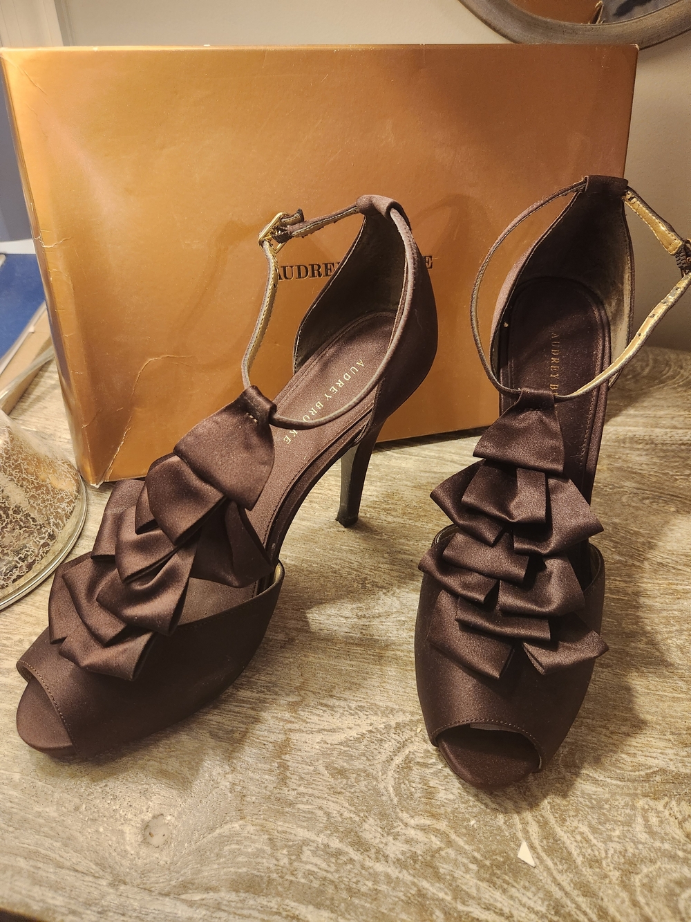 Audrey Brooke Brown Satin Ruffle Peep-Toe Heels
